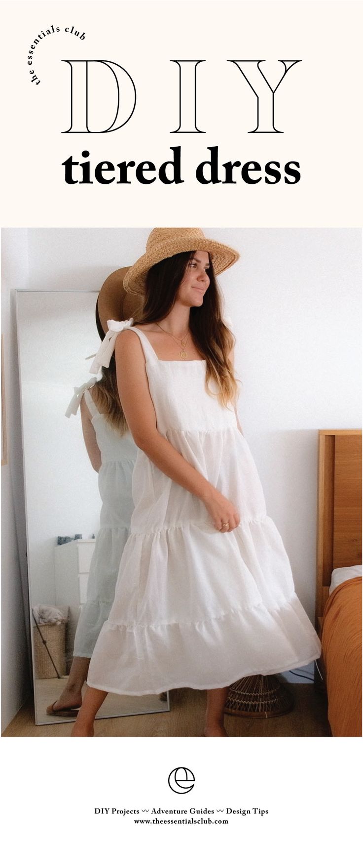 a woman in a white dress and straw hat standing next to a mirror with the words diy tiered dress on it