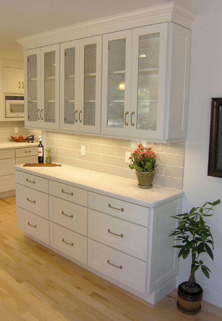 a kitchen with white cabinets and wood floors in front of a potted plant on the counter