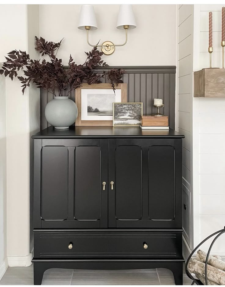 a black cabinet with plants and pictures on top