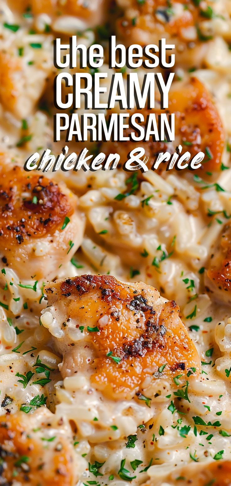 the best creamy parmesan chicken and rice casserole is ready to be eaten