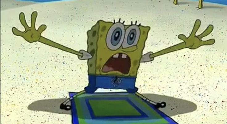 an animated spongebob character with his arms out and eyes wide open, standing in the sand