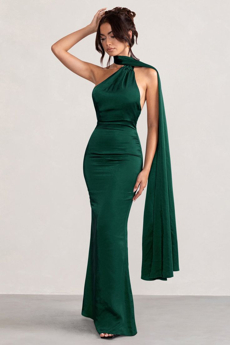 Mademoiselle Bottle Green Satin Asymmetric Scarf Neck Backless Maxi – Club L London - USA Open Back Green Dress, Formal Dark Green Dress, Green Pre-draped Maxi Dress, Formal Green Backless Maxi Dress, Green Backless Maxi Dress For Formal Occasions, Green Draped Prom Dress, Green Draped Maxi Dress For Gala, One-shoulder Green Maxi Dress For Prom, Evening Green Maxi Dress With Sweep Train