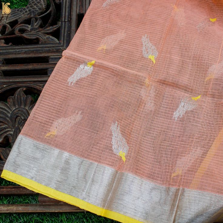 Handwoven Peach Real Zari Kota Blouse Bird Fabric - Khinkhwab Bird Fabric, Kota Silk Saree, Dresses Sewing, Girls Dresses Sewing, Kota Sarees, Fabric Birds, Blouse Fabric, Sewing Dresses, Lightweight Fabric