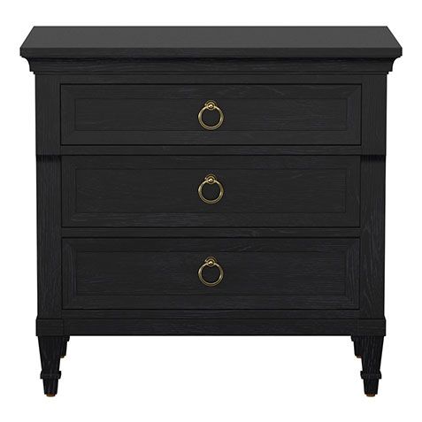 a black dresser with three drawers and two brass knobs on the bottom, against a white background