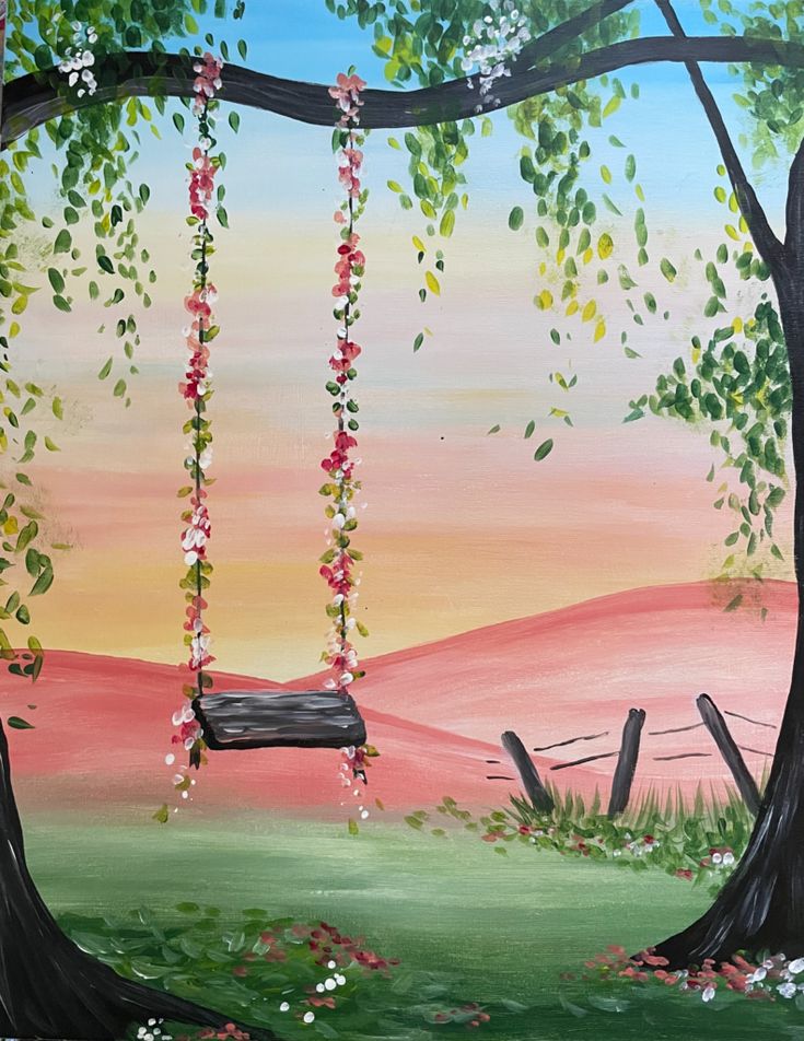 a painting of a swing hanging from a tree with flowers on it and a sunset in the background