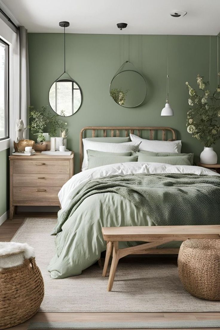 a bedroom with green walls and white bedding in the center, two round mirrors on the wall