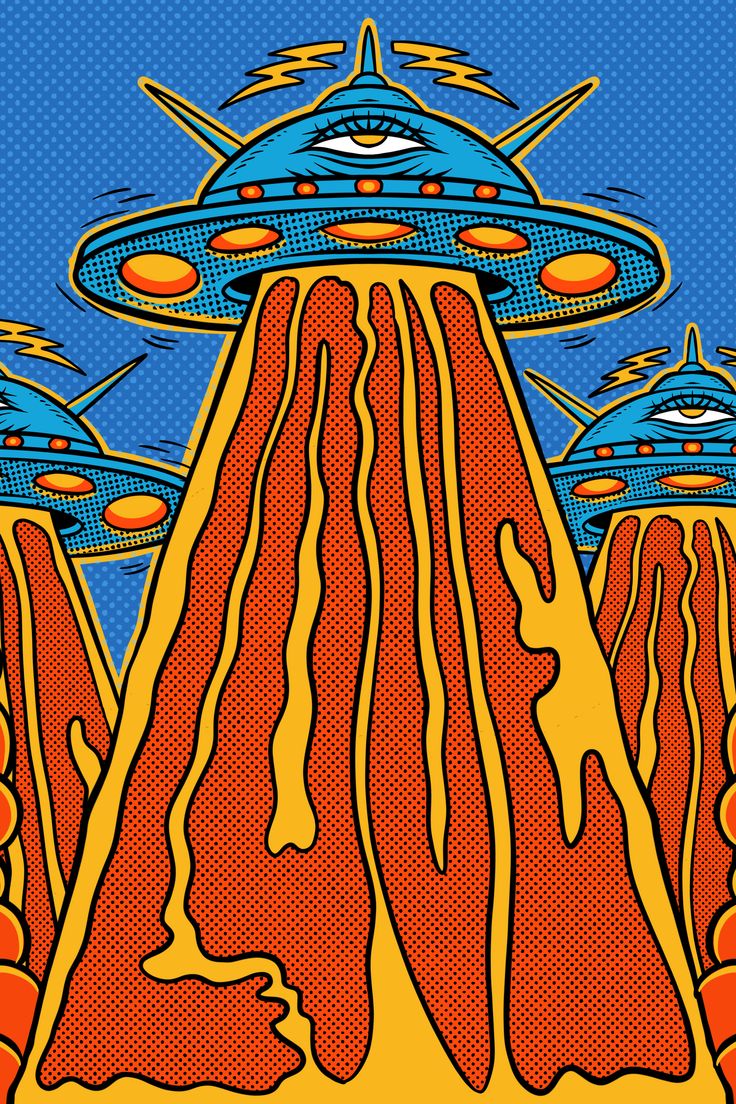 an image of aliens flying over a mountain in pop art poster style with orange and blue colors