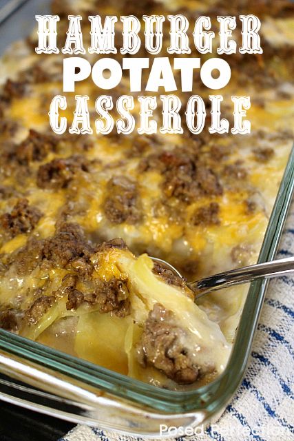 hamburger potato casserole in a glass dish with a spoon