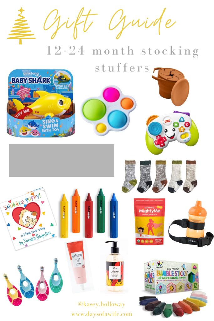 the gift guide for 12 - 24 month stocking stuff, including toys and crafts