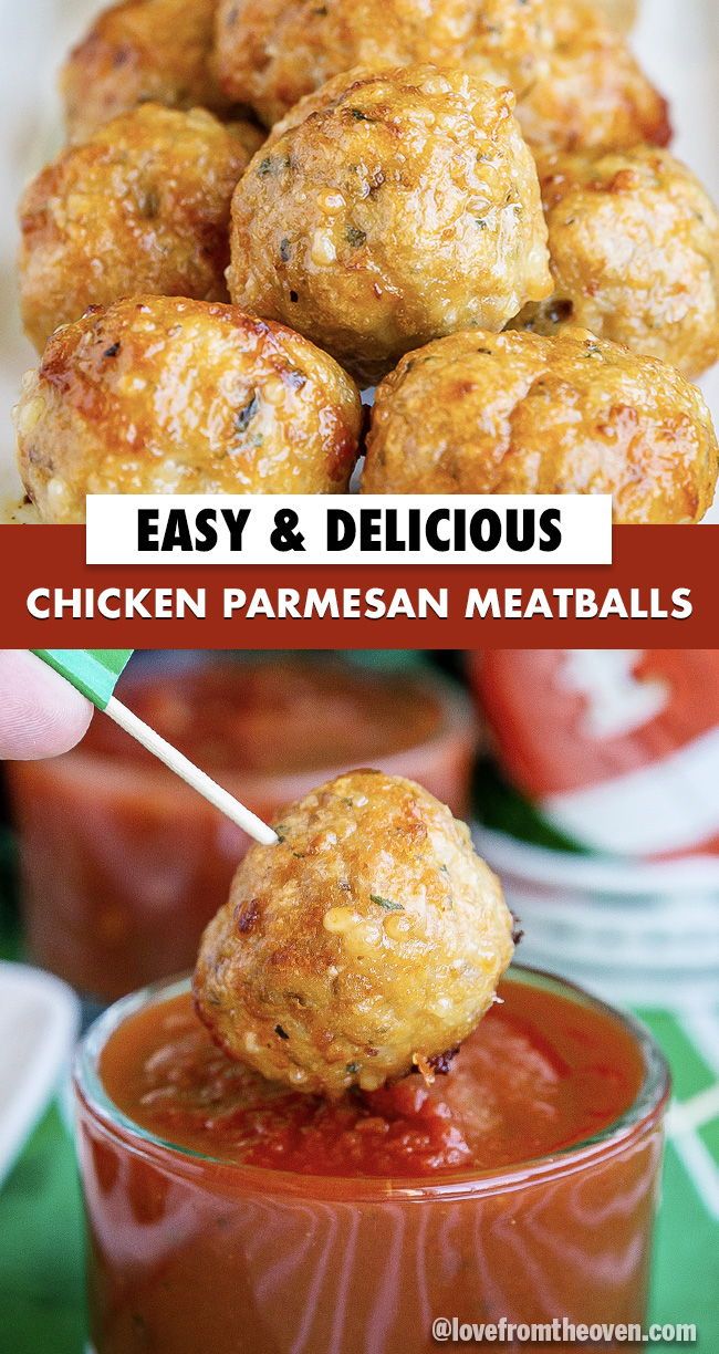 chicken parmesan meatballs on a skewer with ketchup and sauce