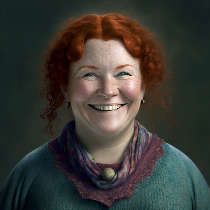 a woman with red hair smiling and wearing a green sweater