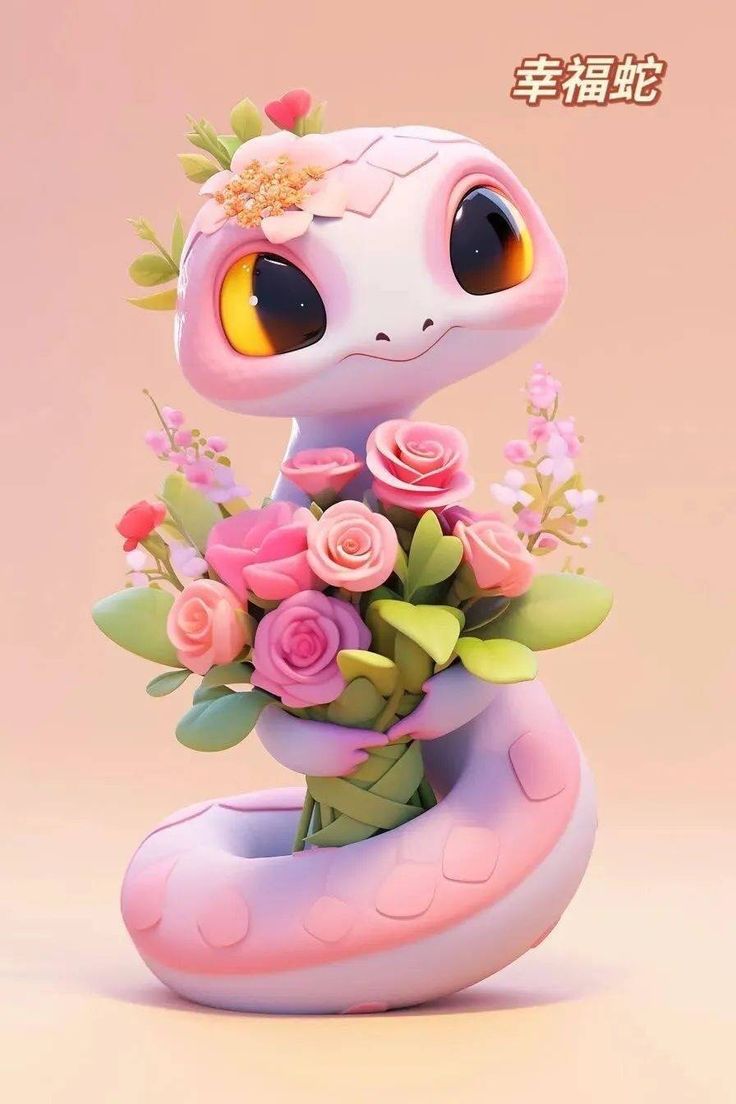 an animal figurine with flowers on it's head, holding a flower bouquet