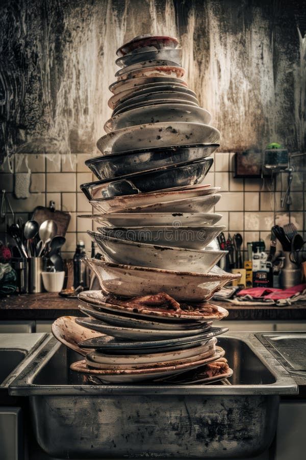 A stack of dirty dishes in a sink with the kitchen counter, AI royalty free stock images Oven Temperature, Dirty Kitchen, Messy House, Dirty Dishes, Kitchen Counter, Kitchen Sink, Stock Images Free, The Kitchen, Oven