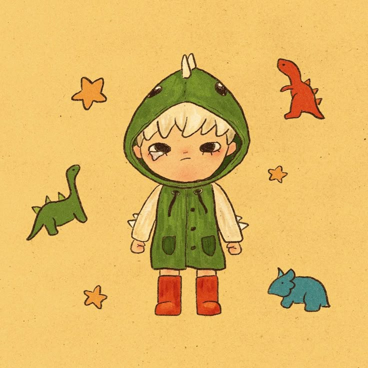 a drawing of a little boy wearing a green dinosaur costume and standing in front of dinosaurs