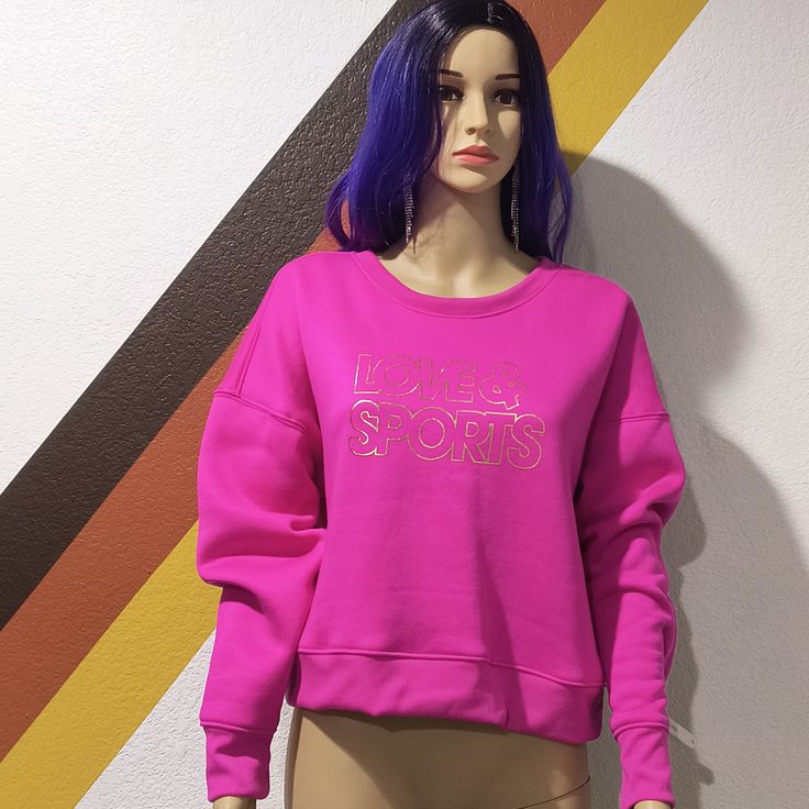 So Cute Hot Pink Love And Sports Sweat Shirt. New Size L. (12-14) Pink Athleisure Top With Letter Print, Pink Letter Print Athleisure Top, Pink Crew Neck Sweatshirt For Sports Season, Pink Crew Neck Sweatshirt For Sports, Pink Sportswear Tops With Ribbed Cuffs, Pink Crew Neck Sporty Sweatshirt, Pink Workout Sweatshirt For Spring, Pink Sweatshirt For Workout In Spring, Sporty Pink Crew Neck Sweatshirt