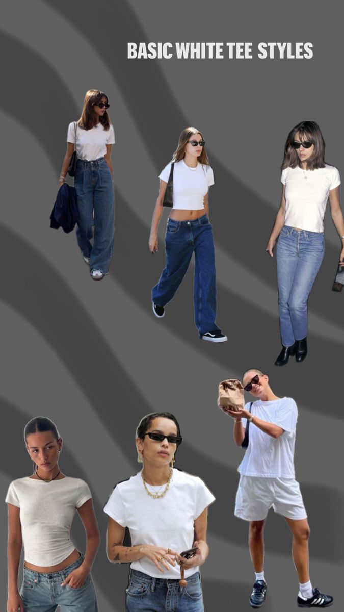 Women with white tee, T-shirt style, basis style guide, casual look inspo Outfit Inspo Basic, Cropped Outfits, Shirt Crop Top, Basic White Tee, Daily Style, Jeans White, Basic Shirts, Basic Outfits, White Tee