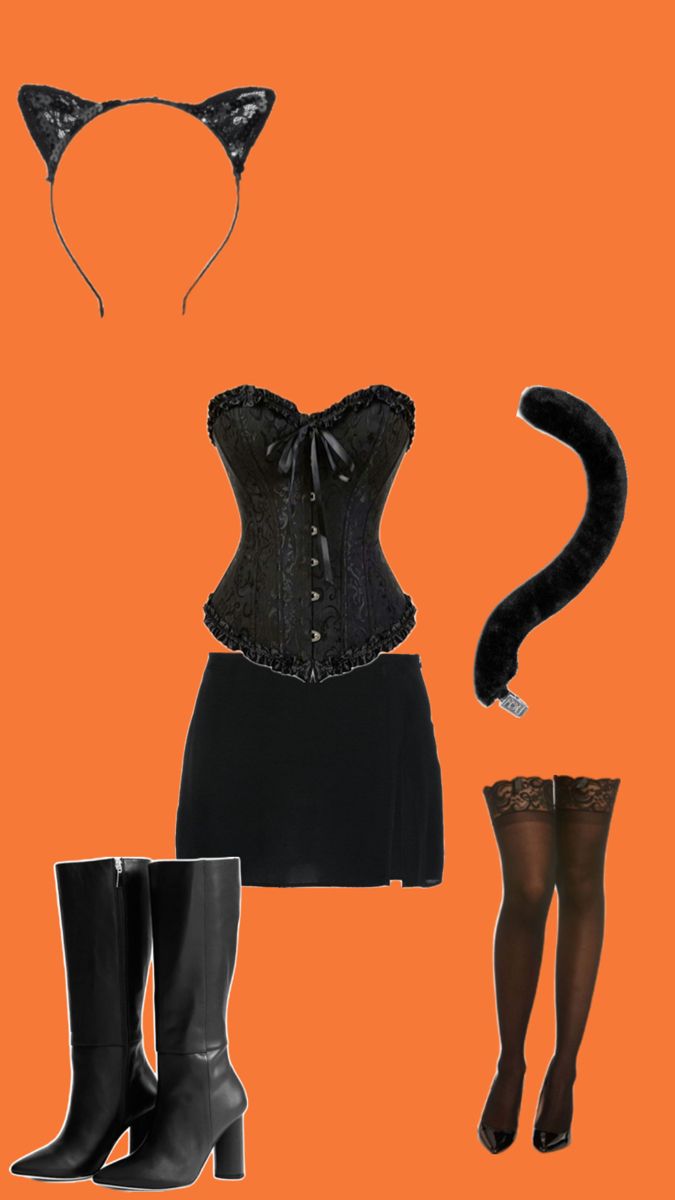 an orange background with black accessories including boots, stockings and cats ears on it's head