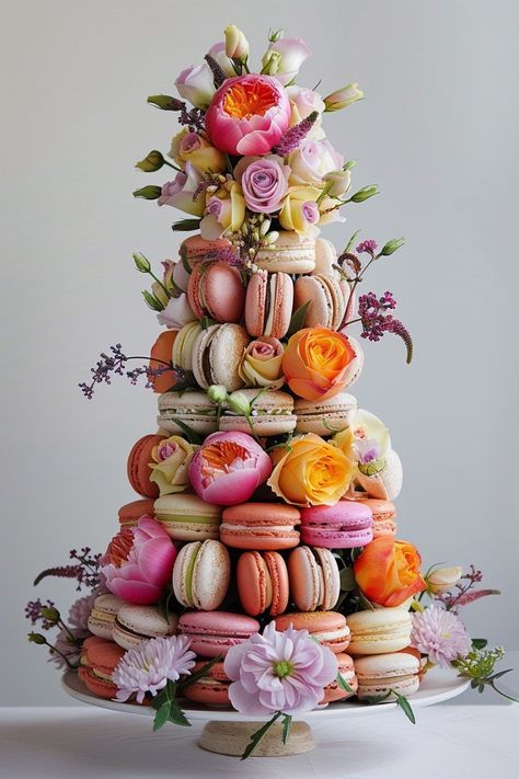 a cake made out of macaroons and flowers