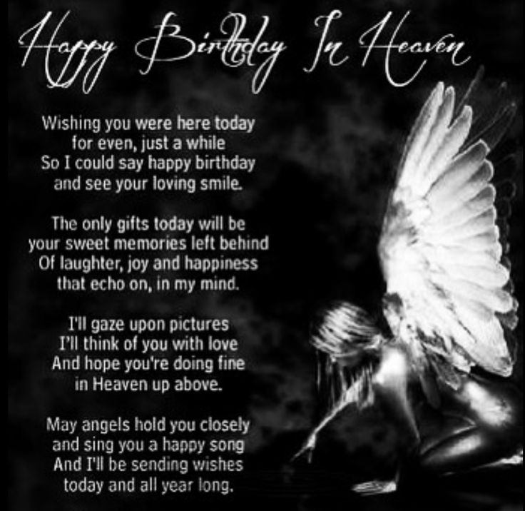 a black and white photo with an angel on it's back saying happy birthday to heaven