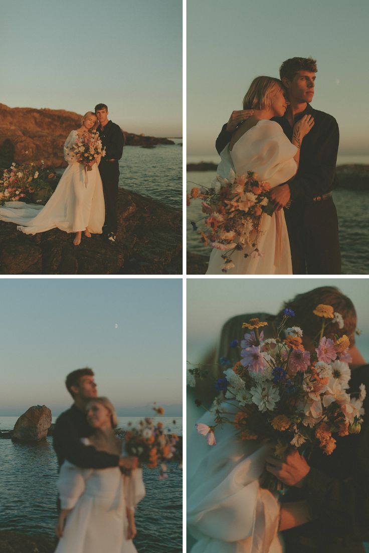 a couple standing next to each other on top of a rocky cliff near the ocean