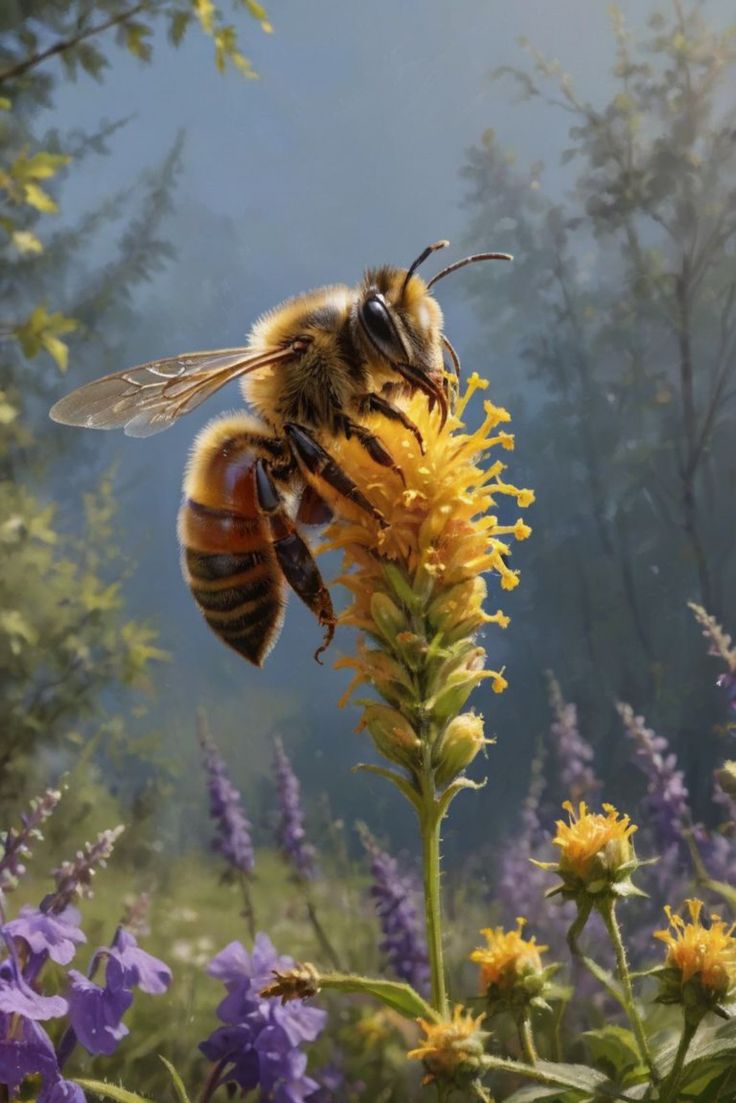 a bee flying over a yellow flower with purple flowers in the foreground and trees in the background