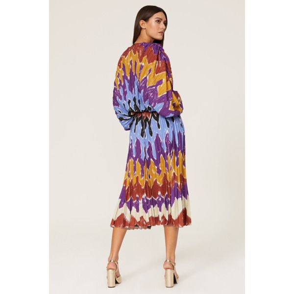 Multicolor printed polyester (100% Polyester). Blouson. Crew neck. Long sleeves. Pull on. 56" from shoulder to hemline. Imported. Bohemian Pleated Fall Dresses, Fall Bohemian Pleated Dress, Bohemian Pleated Flowy Midi Dress, Bohemian Flowy Pleated Midi Dress, Rayon Long Sleeve Maxi Dress For Fall, Bohemian Pleated Midi Dress, Chic Flowy Midi Dress With Abstract Print, Purple Maxi Dress With Vibrant Print For Spring, Fall Maxi Length Dress With Vibrant Print