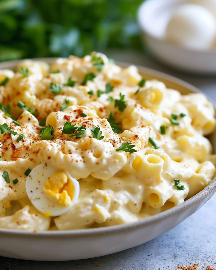 a bowl filled with macaroni and cheese on top of a table next to some parsley