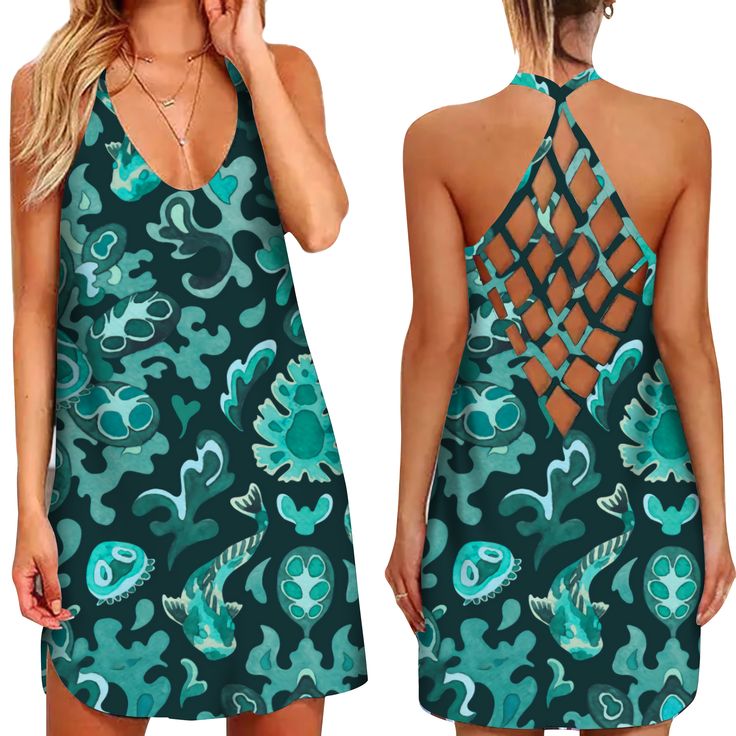 Women's Sexy Hollow Suspender Party Dress Backless Hawaiian Style Floral Print Sling Cutout Vestidos Summer Women's Dress Summer Party Slip Dress With Crisscross Straps, Summer Backless Slip Dress With Crisscross Straps, Fitted Green Backless Suspender Dress, Backless Slip Dress With Crisscross Straps For Summer, Fitted Backless Green Suspender Dress, Green Strappy Beach Dress, Beach Mini Dress With Stretch Straps, Stretch Dresses With Straps For Vacation, Fitted Sling Sundress For Beach