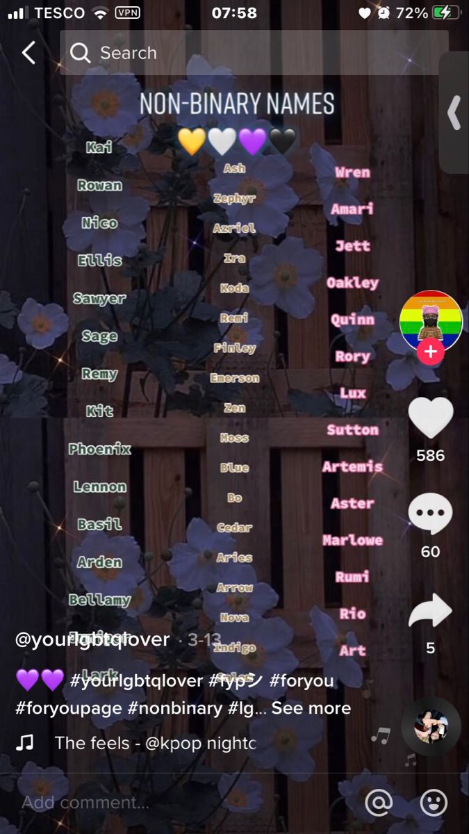 an iphone screen with the text non - binary names in different colors and font on it