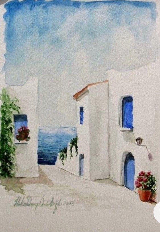 a painting of an alley way with white buildings and blue doors