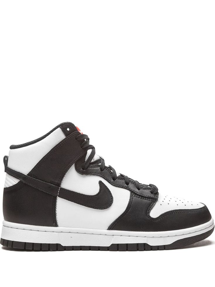 White/black leather/rubber Dunk High sneakers from NIKE featuring signature Swoosh logo detail, contrasting panel detail, round toe, perforated detailing, front lace-up fastening, logo patch at the tongue, ankle-length, pull-tab at the heel, branded insole and rubber sole. These styles are supplied by a premium sneaker marketplace. Stocking only the most sought-after footwear, they source and curate some of the most hard to find sneakers from around the world.. | Nike Dunk High sneakers Nike Dunk High Panda, Nike Dunks High, Elegant Sneakers, Animal Print Boots, Nike Shoes Air Force, Nike High, Nike T, Nike Dunk High, High Sneakers