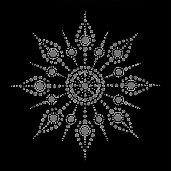 a black and white pattern with dots in the center, on a black background that has an image of a snowflake