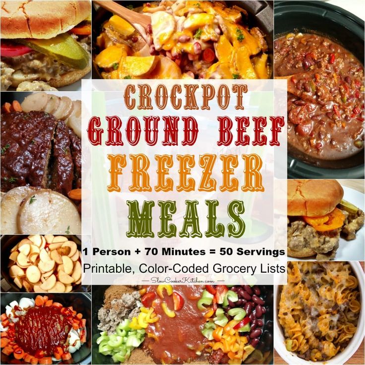 crockpot ground beef freezer meals collage with text overlay that reads, crockpot ground beef freezer meals