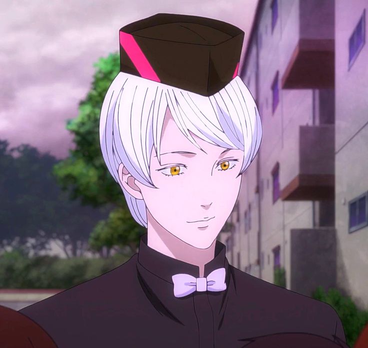 an anime character with blonde hair wearing a black shirt and bow tie, looking at the camera