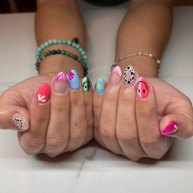 Payton Meyers on Instagram: "Loving all the different colors 🤟🏼❤️‍🔥 Inspo @_gelcoco • • • • #nailart #nails #beauty #nailsofinstagram #utahnails #nailinspo #pinknails #luminarynailsystems #pinterest #pinterestnails #colorfulnails #hardgelnails #almondnails #roundnails #smileyfacenails #frenchtip" Preppy Nails, Hard Gel Nails, Round Nails, Square Acrylic Nails, Color Inspo, Nails Inspo, Almond Nails, Swag Nails, How To Do Nails