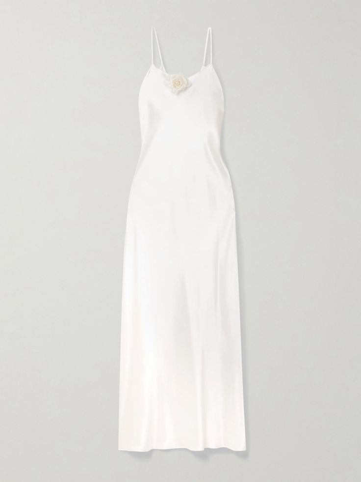 Luxury Fitted Slip Dress For Wedding, White Luxury Silk Midi Dress, White Satin Formal Midi Dress, White Satin Midi Dress For Formal Occasions, Formal White Satin Midi Dress, White Satin Evening Slip Dress, Elegant White Satin Midi Dress, Formal White Embellished Midi Dress, White Satin Formal Slip Dress