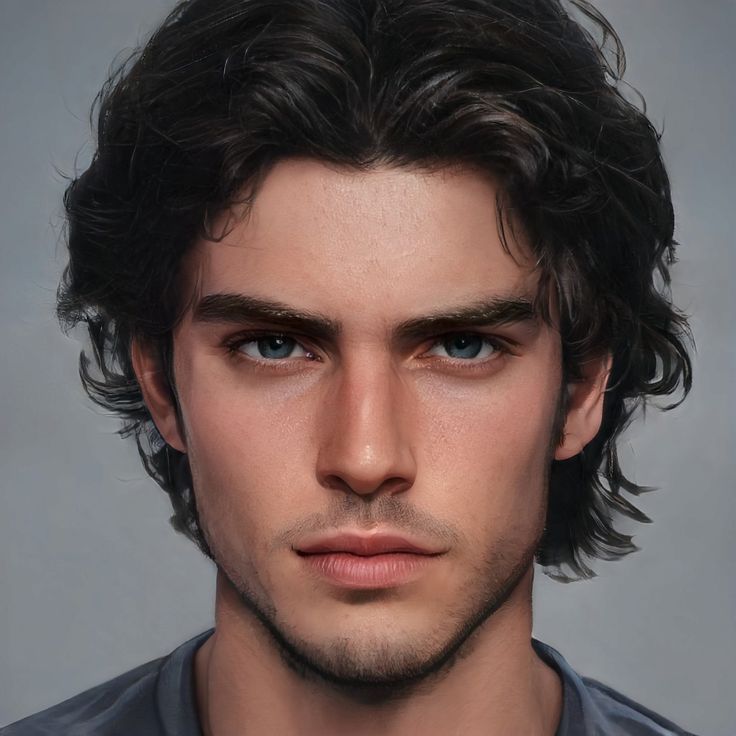 an artist's rendering of a young man with long hair and brown eyes looking at the camera