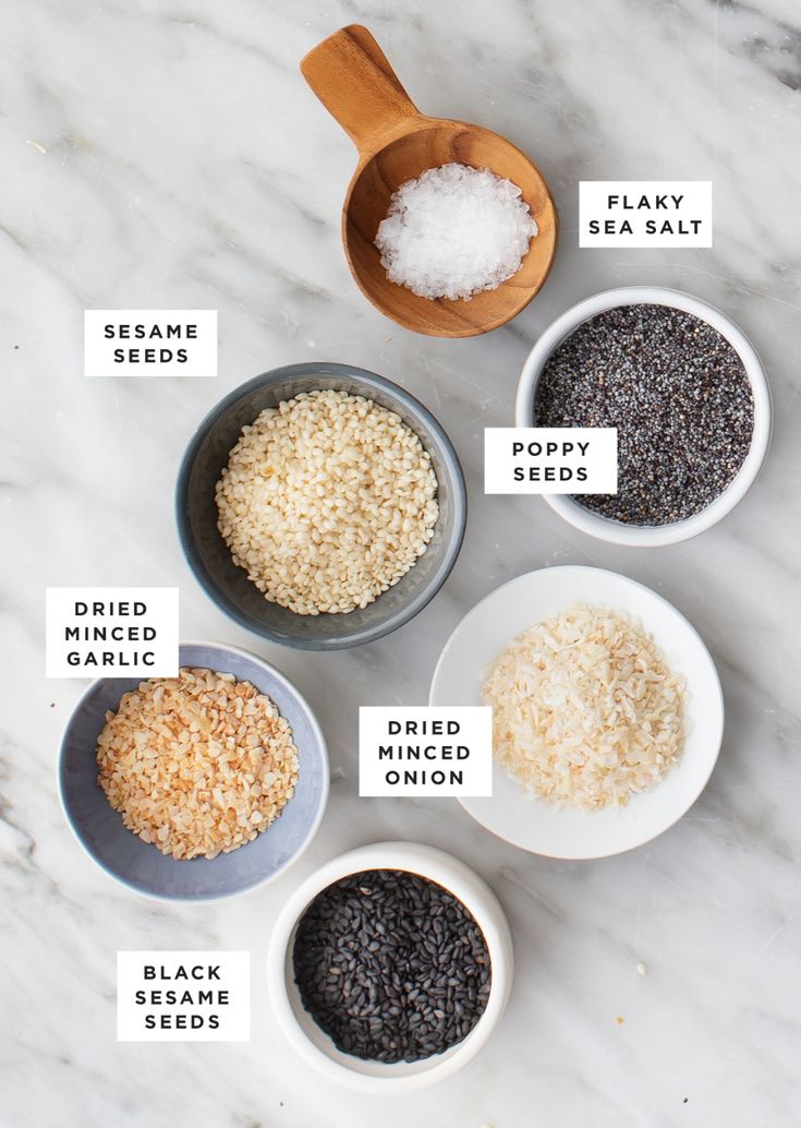 the ingredients for black sesame seeds in small bowls