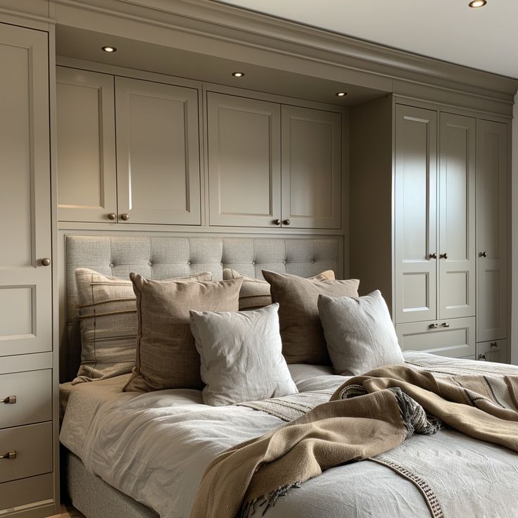 a large bed with many pillows and blankets on top of it in a room filled with cabinets