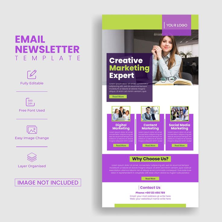 a purple and green email cover with an image of a woman on the phone in front of