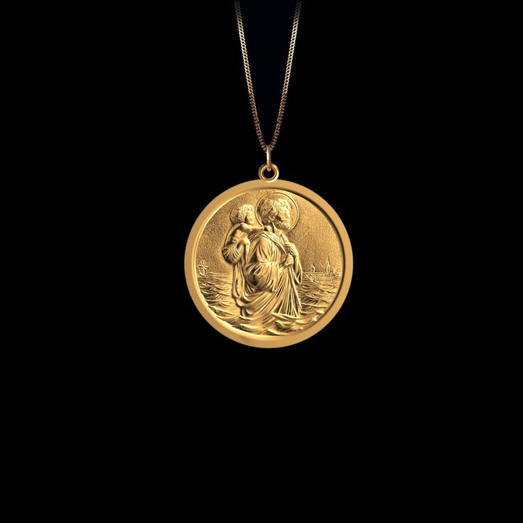 Elevate your faith and protection with our gold St Christopher pendant. This solid gold necklace showcases exquisite craftsmanship, symbolizing the patron Saint of travelers and Catholic devotion. More than just jewelry; it's a fine representation of faith and safeguarding. PENDANT INFORMATIONThis pendant is made of real, solid gold.• Made in USA• Material: 14k or 18k solid gold• Finish: polished• Height: 1.15" (29 mm) x Width: 1" (26 mm)• Pendant weight: approx. 8 grams (14k)• Bail: fits up to St Christopher Necklace, St Christopher Pendant, St Christopher, Saint Christopher, Solid Gold Necklace, Solid Gold Chains, Patron Saints, Yellow Gold Pendants, Iconic Design