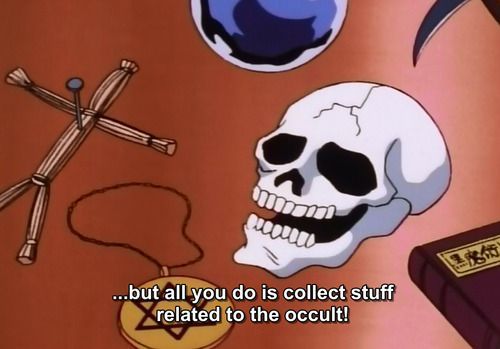 an image of a skull with a cross on it and the caption says, but all you do is collect stuff related to the occult