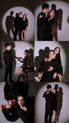 several photos of a man and woman posing for the camera with their arms around each other