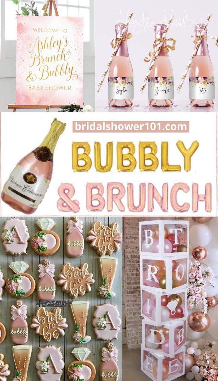 the bridal shower is ready to be filled with pink and gold decorations, including champagne bottles