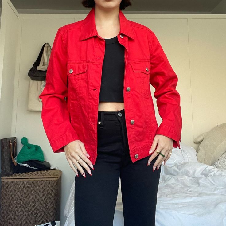 H&M Red Denim Jacket Perfect Condition And Nwt, It Just Doesn’t Go With The Rest Of My Closet Red Denim Jacket Outfit Women, Red Cotton Outerwear For Spring, Casual Red Outerwear, Casual Red Cotton Outerwear, Red And Denim Outfits, Red Jean Jacket Outfit, Red Denim Jacket For Fall, Red Denim Jacket Outfit, Red Denim Jacket With Pockets For Spring