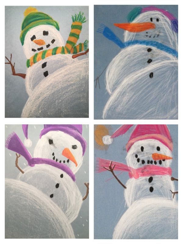 four pictures of snowmen with hats and scarves