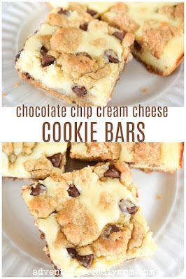 chocolate chip cream cheese cookie bars cut into squares on a white plate with text overlay