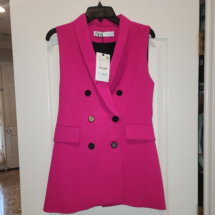 Brand New With Tags Hot Pink Sleeveless Blazer Beautiful Discontinued Size Small Save & Bundle Sleeveless Vest For Spring Workwear, Sleeveless Workwear Vest For Spring, Spring Sleeveless Workwear Vest, Spring Workwear Pink Vest, Pink Vest Outerwear For Spring, Pink Spring Vest For Workwear, Pink Spring Vest For Work, Pink Fitted Sleeveless Outerwear, Zara Sleeveless Vest For Fall