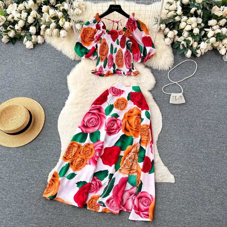 Floral Print Two-Piece Skirt and Top Set