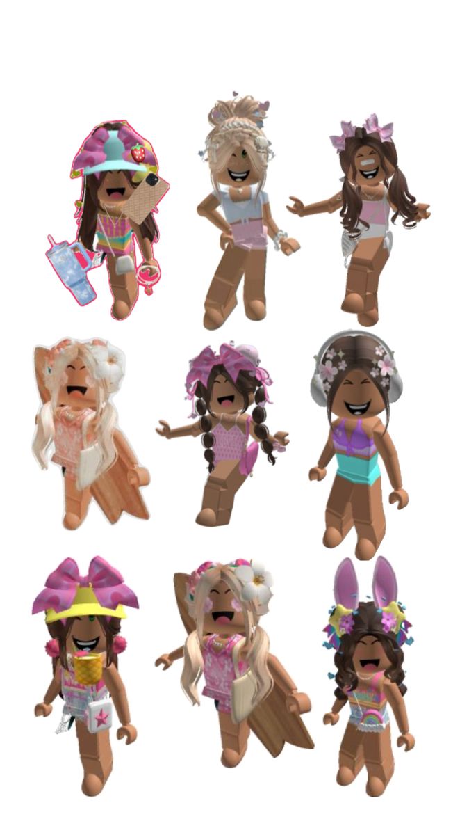 a group of dolls that are all dressed up in different outfits and hair styles,